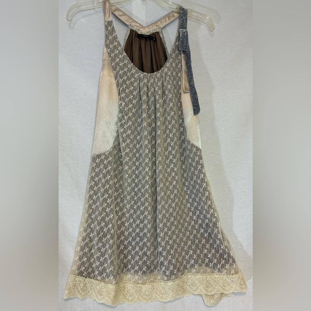 Harper Racerback Lace Overlay Mini Dress Scalloped Lace Trim Silver Bow Size M